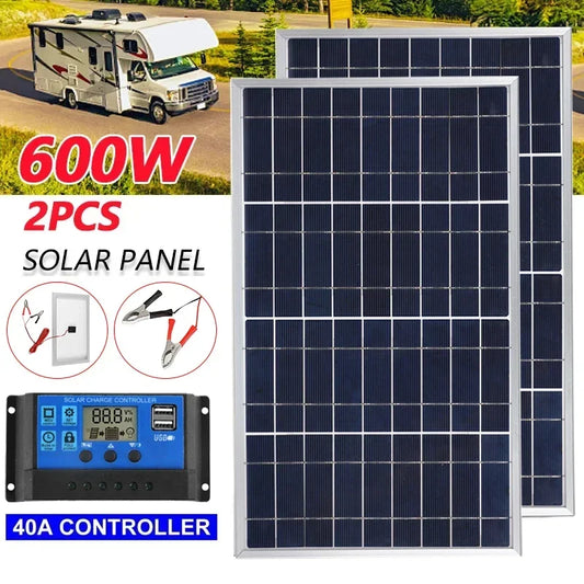 300W/600W Solarpanel-Kit Komplett 12V Polycrystallin USB-Strom Portable Outdoor Aufladbar Solarzelle Solargenerator