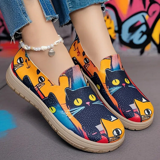 Women's Slip-On Sneakers Cat Print Spring Casual Shoes Plus Size Flat Sole Comfort Color Block Fabric Breathable Lightweight - Golden Bridge Store