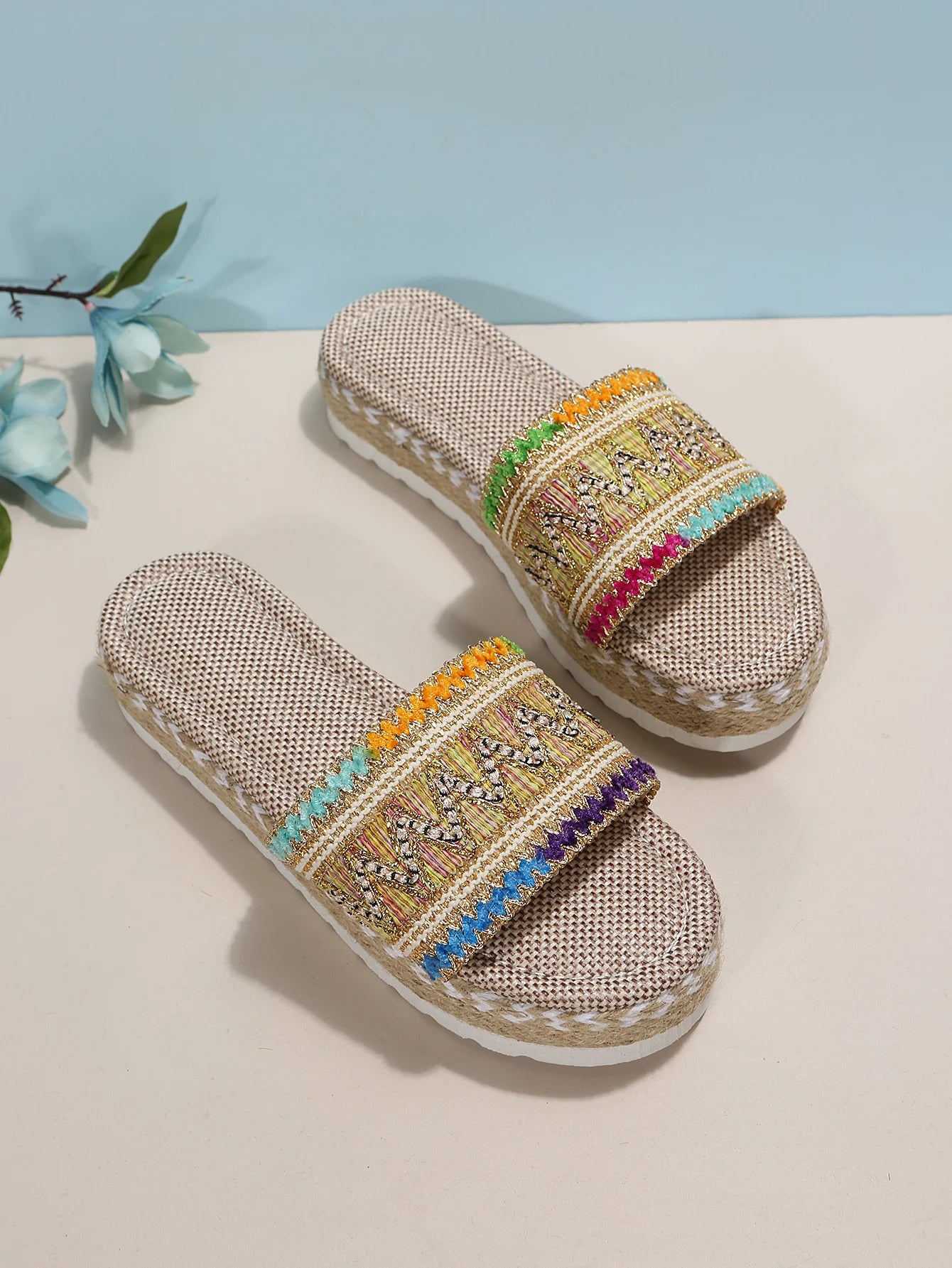 Gewebte Damen Pantoletten Platform - Sommer Schuhe für Damen 2025 Neu - Strand Casual Absatz Sandalen Bohemian Handgemacht Espadrilles