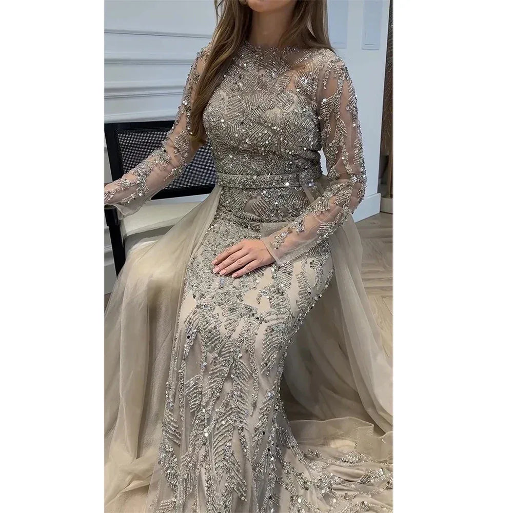 Elegant Evening Dress for Women 2025 Muslim Long Sleeves Mermaid Detachable Train Beads Formal Prom Wedding Party Gown Customizd - Golden Bridge Store