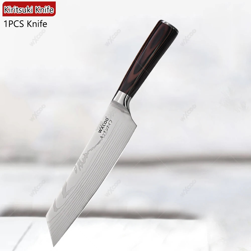 WXCOO Professional Kitchen Chef Knife Damascus Steel Laser Pattern Santoku Knife Double Side Magnetic Kitchen Knife Block