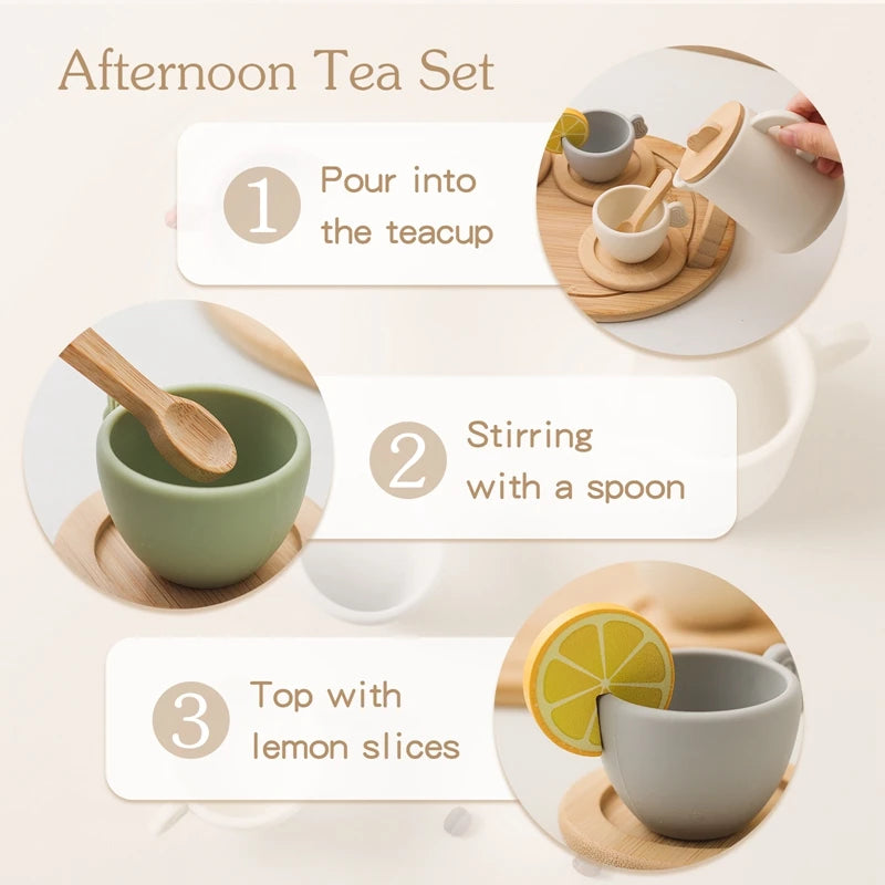 Wooden Montessori Toys Toddler Pretend Play Tea Party Set Silicone Teapot Cups Wood Tray Scoop Toys for Kids Birthday Gift