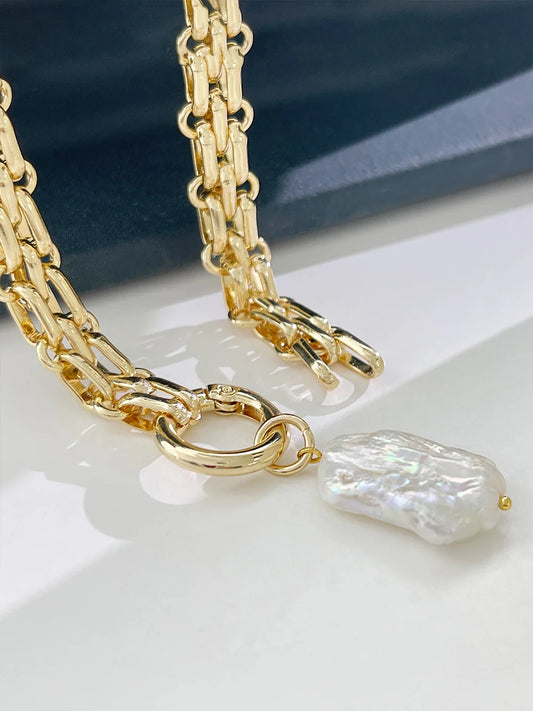Peri'sBox Large Square Natural Freshwater Pearl Pendant Chunky Chain Necklace for Women Vintage Elegant Baroque Pearls Necklaces