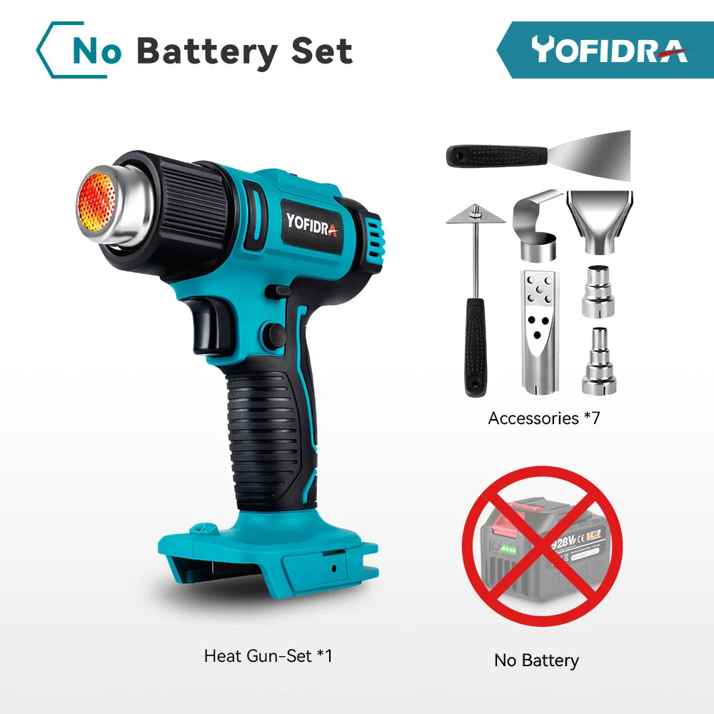 Yofidra 2500W Electric Hot Air Gun - 6 Gears Adjustable LED Temperature Display Soldering Thermal Blower For 21V 18V Battery