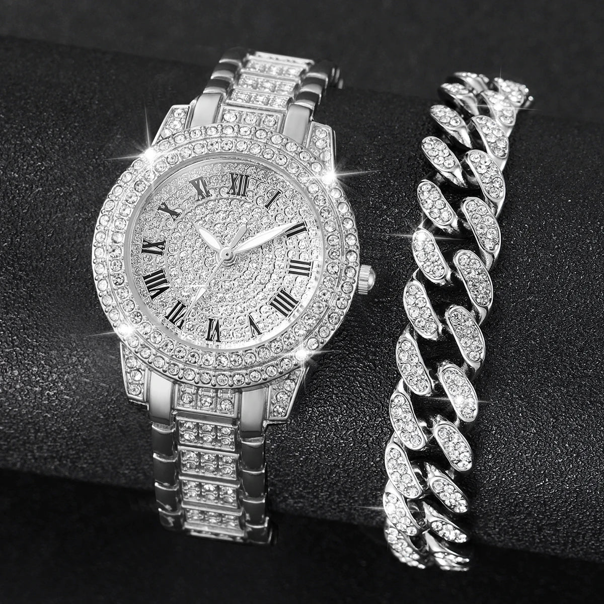 Damen-Uhren 2025: 2PCS Fashion Diamond Gold - Luxury Rhinestone Bracelet Watches Ladies Collection