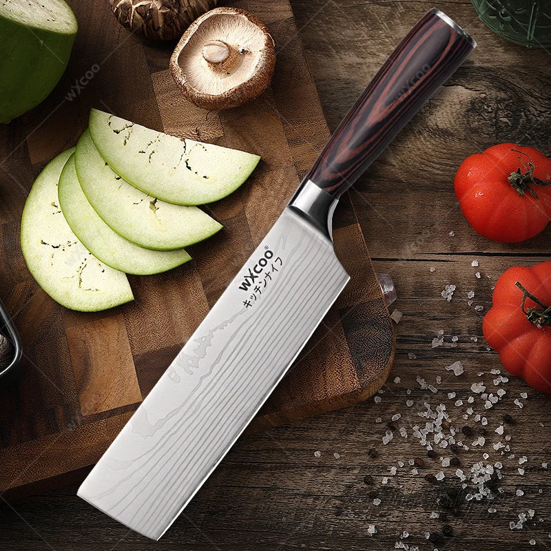 WXCOO Professional Kitchen Chef Knife Damascus Steel Laser Pattern Santoku Knife Double Side Magnetic Kitchen Knife Block