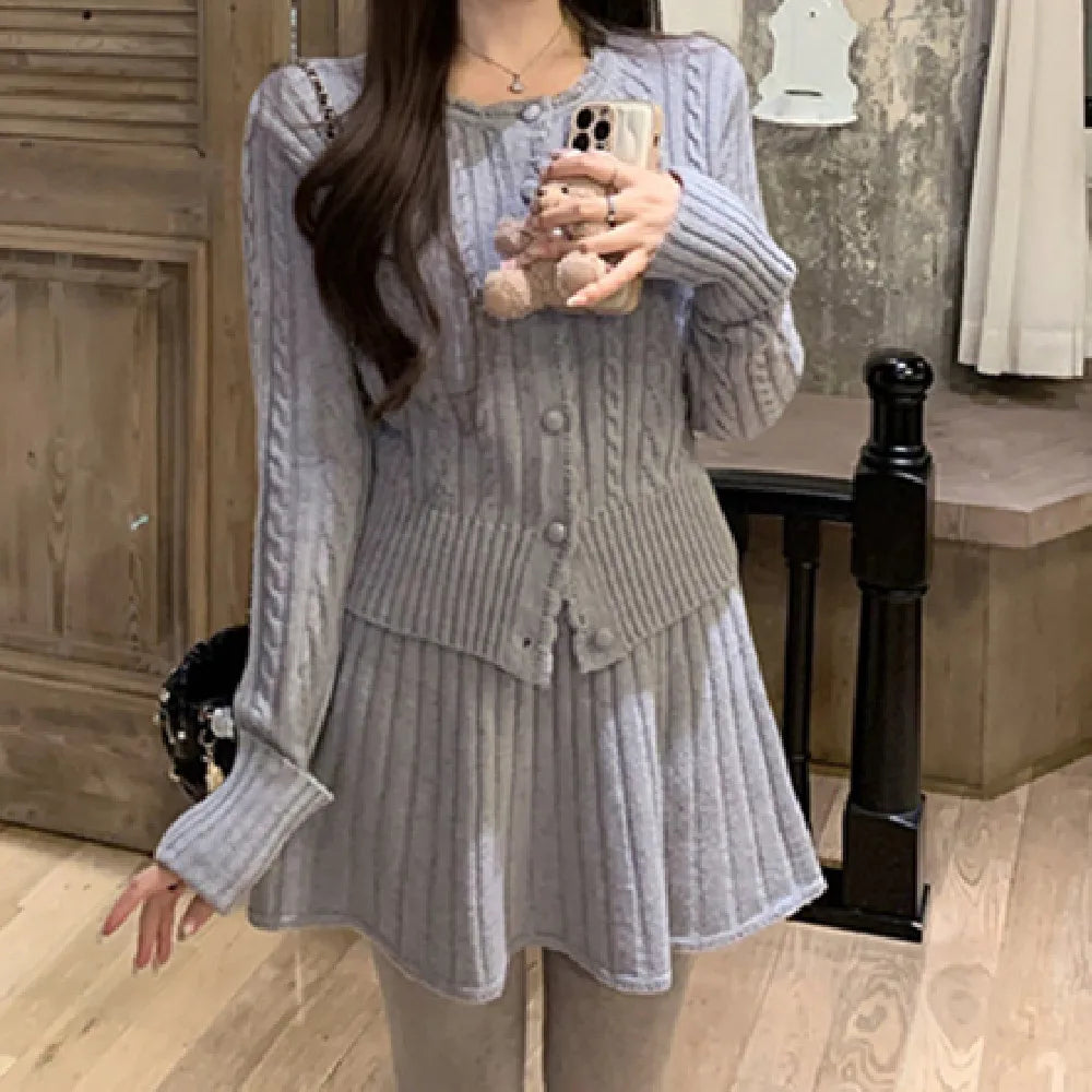 ZJOAN SHOWCN O-Neck Cardigan Set - Knopfverschluss Kurzrock Elastischer Bund Grau Khaki Größe Regular Extra-Heavy