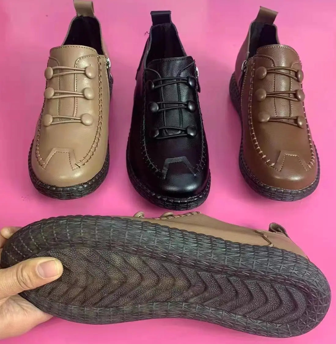 Womens Walking Shoe 2024 Red Spring Leather Shoes Mom Comfort Retro Stitching Flats Wedge Leather Sneakers