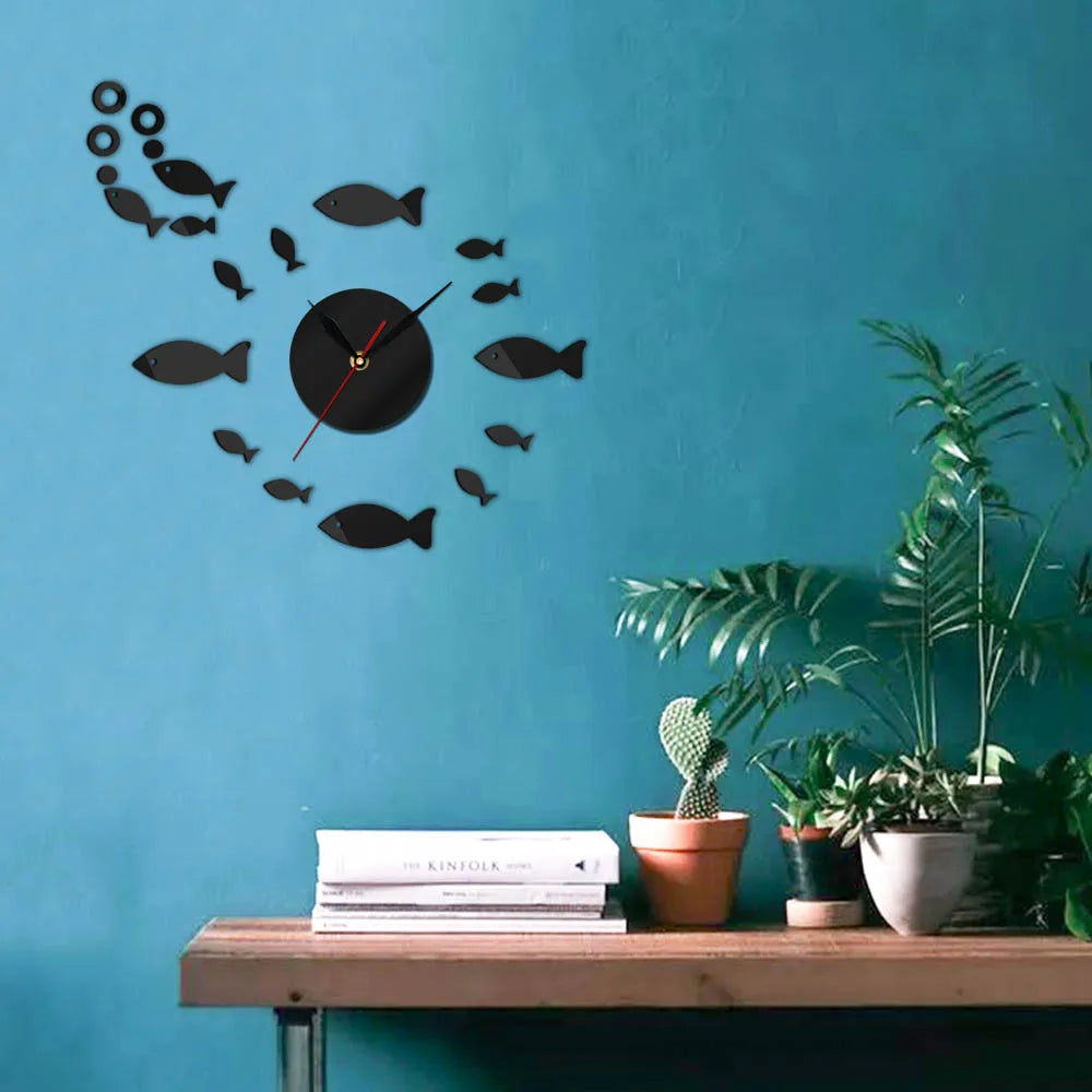 DIY Creative Modern Art Wall Clock Small Fish Shape Mirror Mural Sticker Acrylic Plexiglass House Moving Home Decor Gift