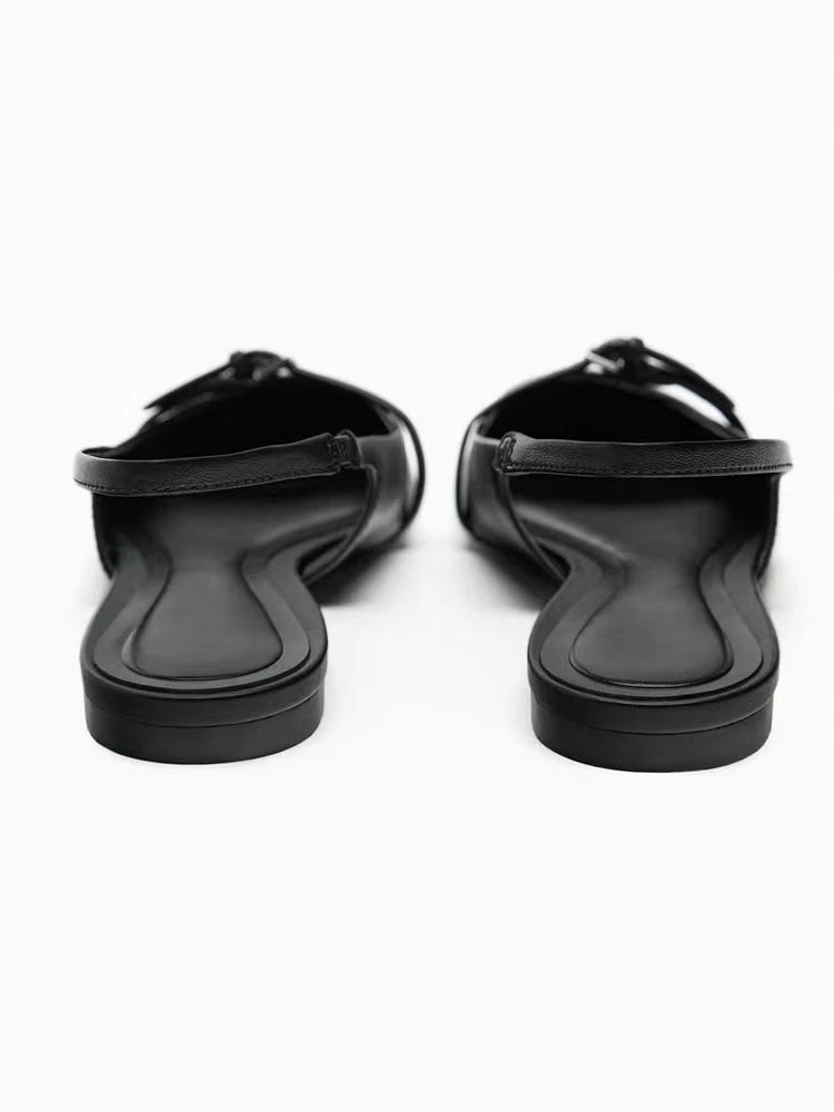 Slingback Flat Bottom Women Sandals Summer Black Leather Pointed Woman Ballet Shoes Fashion Low-heel Woman Shoes