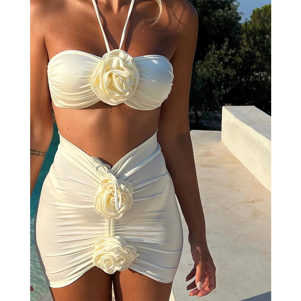 Bikini-Set: Solid Floral Spitze Dreiteilig Cover Up - Push Up Schwimmbekleidung Frauen Schwimmanzug Badeanzug Strandmode Schwimmen Biquini Collection