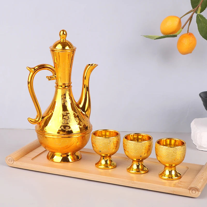 Wine Kettle Coffee Pot Set Vintage Wine Glasses Jug Exquisite Tea Pot Golden Teapot Household Classic Temple Offering Cup