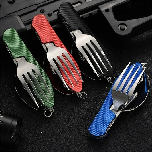Besteck-Set 2025: 4-in-1 Stainless Steel Cutlery Set Foldable Knife Fork Spoon - Picnic Bottle Opener Compact Outdoor Tableware Camping Tool Collection