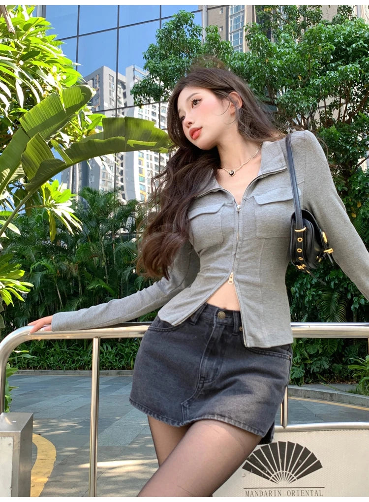 Women T-shirt Spring Autumn Clothes Ribbed Knitted Long Sleeve Short Tops Zipper Design Tee elegant Female Slim Tops