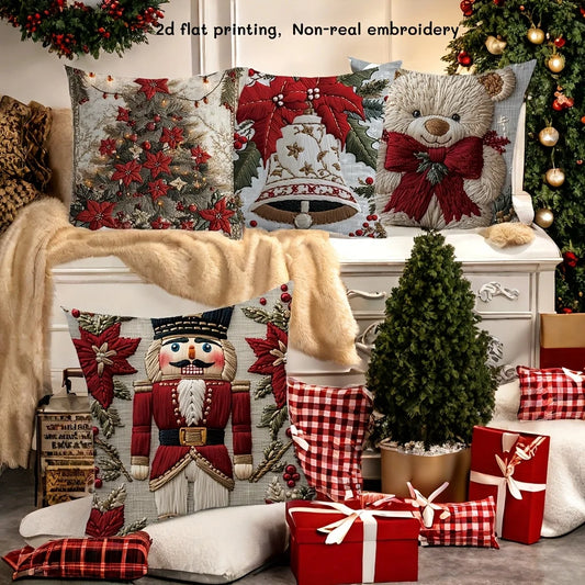4pcs Christmas Pillow Covers - Nutcracker, Bear & Lily Print, 2D Embroidery Style, Holiday Decor for Sofa Bed
