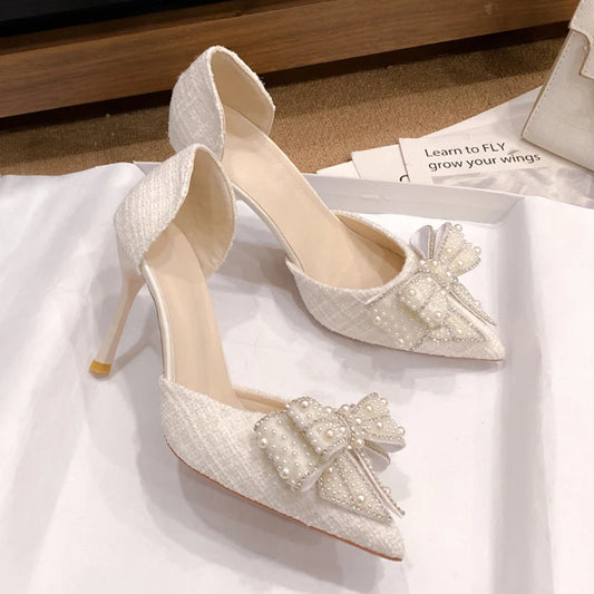 Elegant Pearl Bowknot Bride Wedding Shoes Woman elegant Pointed Toe Stiletto High Heels Pumps Women Shiny Crystal Dress Party Shoes