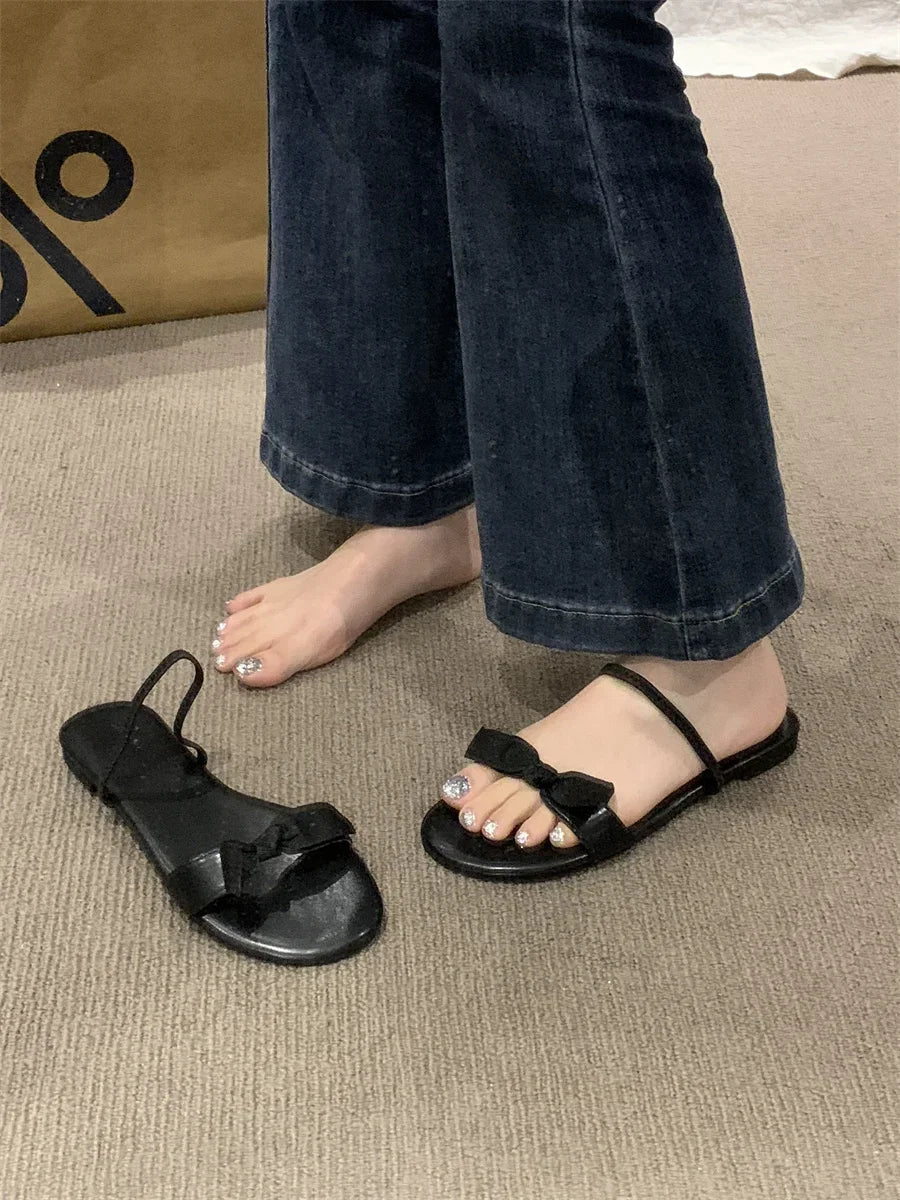Flat Bottomed Slippers for Women Summer Bow Shaped Slimming Straight Strap Flat Sandals Women's Open Toed French Slippers Womens