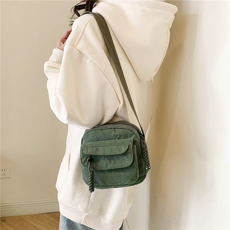 Simple Versatile Crossbody Bag Fashionable Casual Small Square Bag Personalized Commuting Shoulder Bag Corduroy Unisex Trend