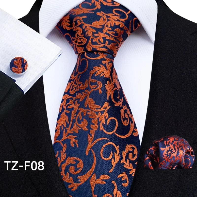 Luxury Mens Ties Floral Black Gold Ties Paisley Grid NeckTie Pocket Square Cufflinks Set Men's Wedding Party Tie