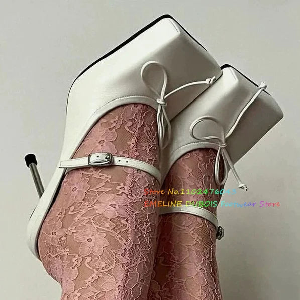 Elegant Women's Formal Shoes Square Toe Bow Tie High Heels Golden Elastic Strap Summer Vintage Mary Janes elegant Party Shoes