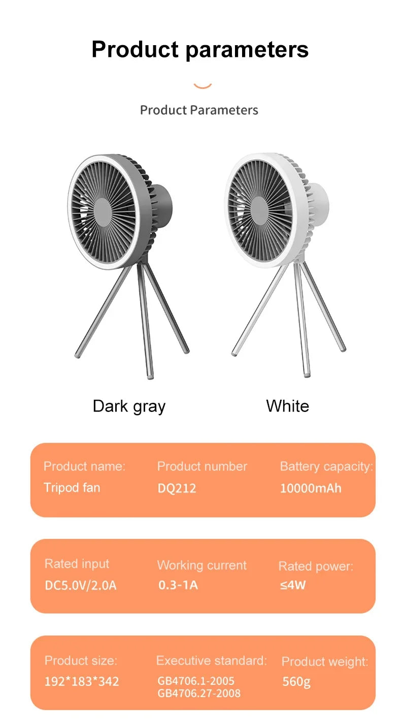 10000mAh Portable Fan Home Outdoor Camping Fan LED Lighting Tripod Stand Desktop with Power Bank Wireless Ceiling Electric Fan