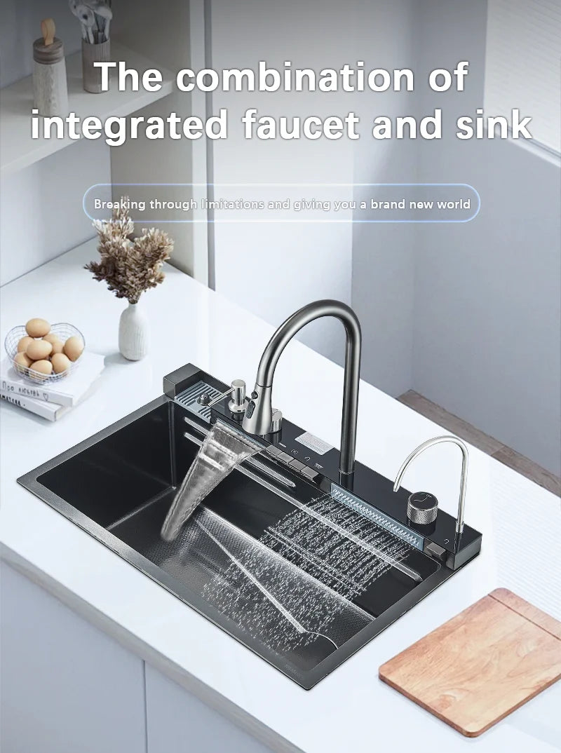 304 Stainless Steel Waterfall Kitchen Sink Large Single Slot Integrated Digital Display Faucet Set Soap Dispenser Cup Washer