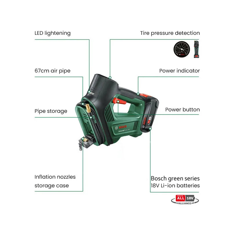 Bosch 18V Universal Air Pump Cordless Electric Air Compressor for Car Motorcycle Bicycle Tire Inflator with Air Pressure Display