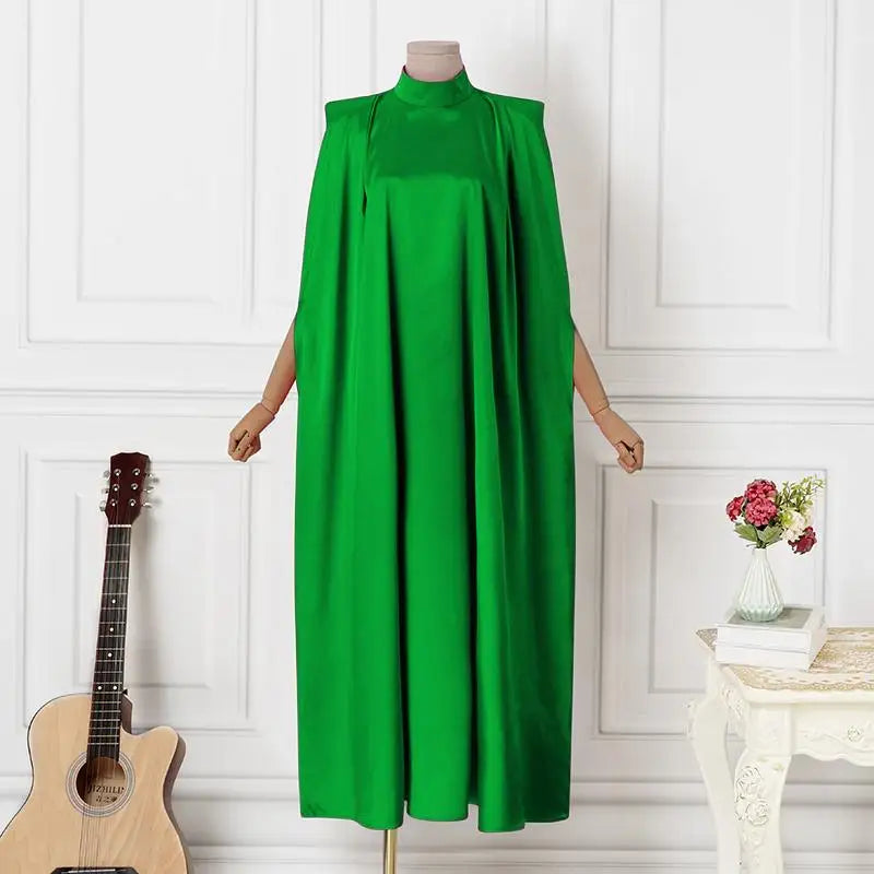 Elegant Evening Dress 2024 VONDA Women Pleated Stand Collar  Long Sleeve Satin Party Sundress Casual Solid Loose Robe Vestidos