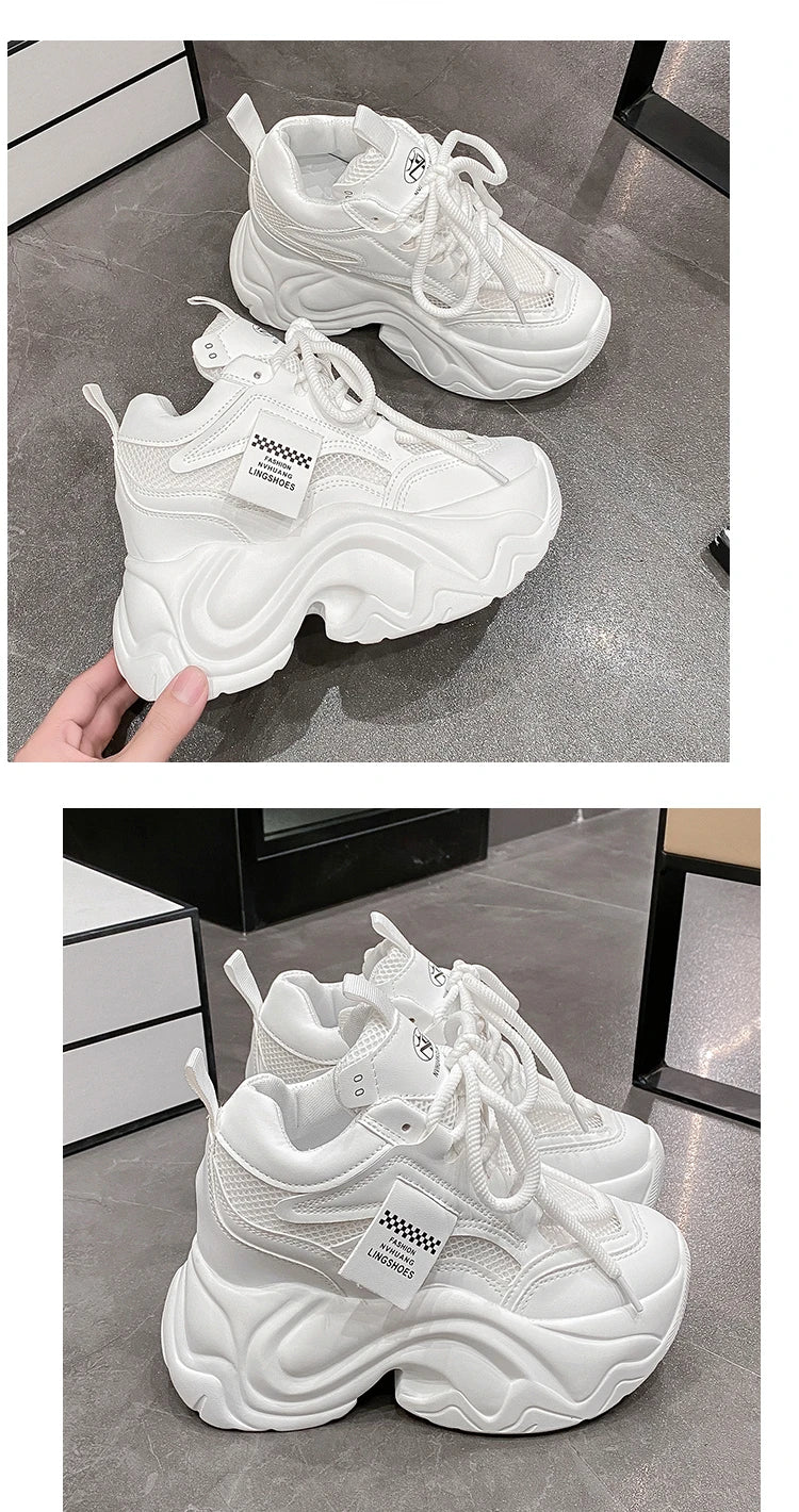 Women High Platform Sneakers New Summer 9.5CM Wedge Heels Thick Sole Leather Shoes Autumn Breathable Mesh Chunky Sneakers Woman