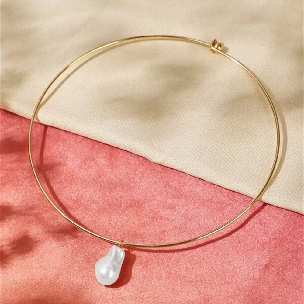 Vintage Fashion Gold-plate Simple Round Collar Shaped Faux Pearl Pendant Necklace For Women Female Girl elegant Punk Jewelry Gift