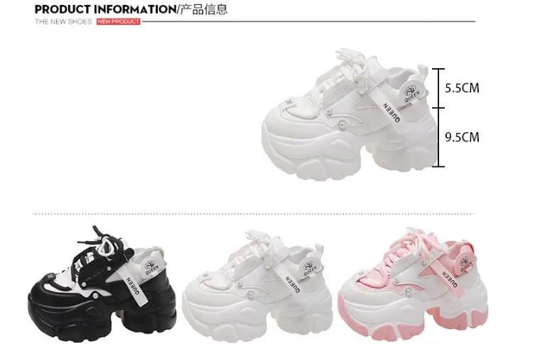 White Chunky Sneakers Women New Autumn Hidden Heel Platform Sports Dad Shoes Woman Lace Up Breathable Mesh Casual Shoes 9.5CM