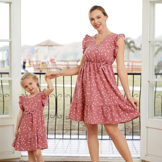 PatPat Family Matching Outfits Mother Daughter Clothes All Over Dots Pink Cross Wrap V Neck Ruffle Flutter-sleeve Dresses - Golden Bridge Store