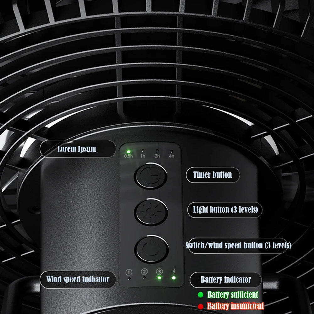 12000mAh Tripod Camping Fan Rechargeable Desktop Portable Circulator Wireless Ceiling Electric Fan with Power Bank LED Lighting