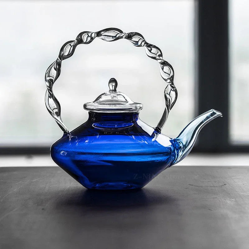 Blue Glass Teapot Teacup Tea Filter Mesh Glass Coffee Pot Heat-resistant Glass Pot Household Kitchen Kettle Exquisite Gift 2022