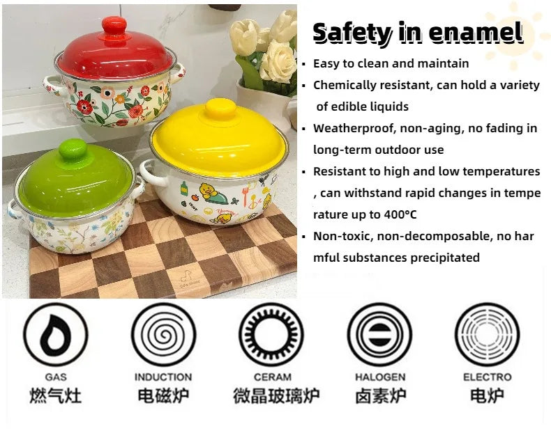 Kitchen Cookware Utensils Set 16/18/20CM Red Yellow and Green Enamelled Pots and Pans, 3-piece Set, Induction Cooktop, Open Fire