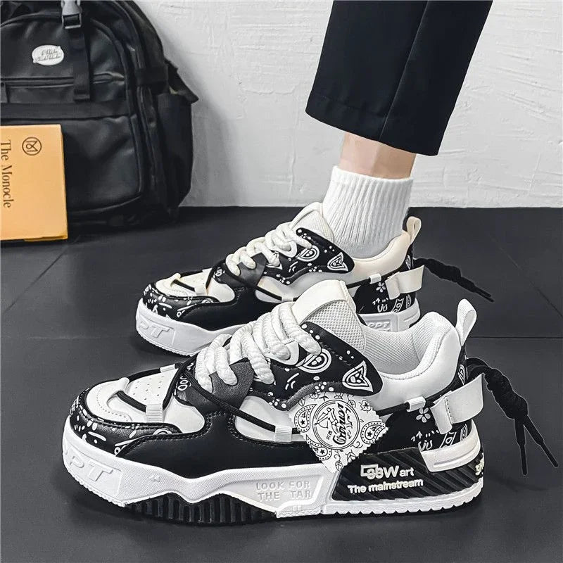 Mens Shoes 2025 Platform Sneakers New Trend Design Graffiti Skateboard Shoes Lace UP Soft Sole Non Slip Outdoor Sports Shoes