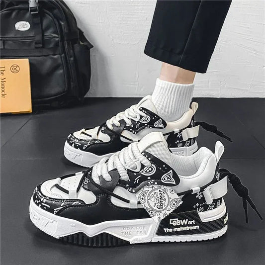 Mens Shoes 2025 Platform Sneakers New Trend Design Graffiti Skateboard Shoes Lace UP Soft Sole Non Slip Outdoor Sports Shoes - Golden Bridge Store