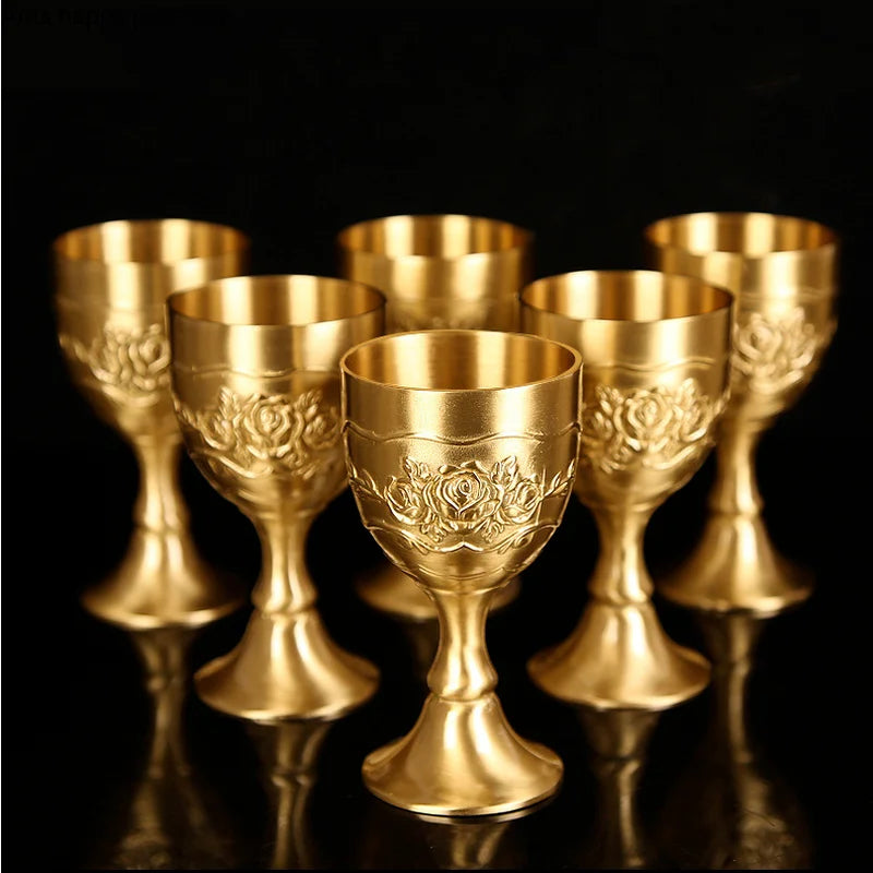 Carved Brass Wine Glass 6 Piece Set Golden Goblet Home Barware Liquor Glass Water Cup Metal Wine Cups Spirit Glass Crafts Gift