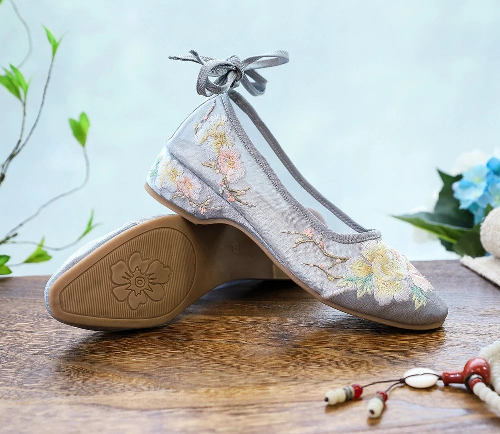 Ballerinas 2025: Veowalk Long Ankle Strap Summer Women Gauze Mesh - Embroidered Ballet Flats Breathable Comfortable Walking Shoes Elegant Lady Collection