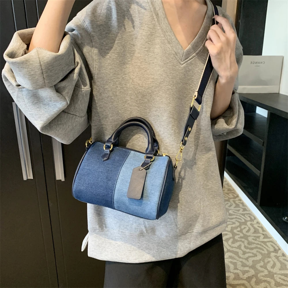 Patchwork Colorblock Mini Handbags For Women Denim Shoulder Cross Body Bags Casual Street Small Boston Bag 2024 Designer Purses