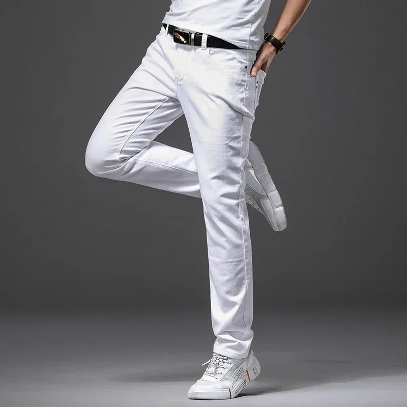 Four Seasons Men's White Jeans Fashion Casual Classic Style Slim Trousers Comfortable Soft Male Trendy Brand Stretch Pants
