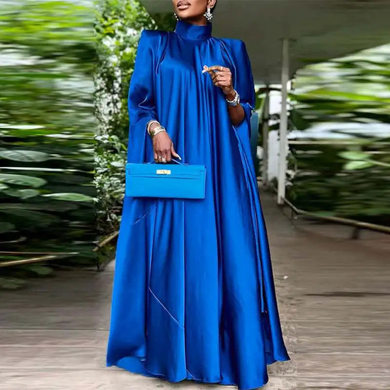 Elegant Evening Dress 2024 VONDA Women Pleated Stand Collar  Long Sleeve Satin Party Sundress Casual Solid Loose Robe Vestidos