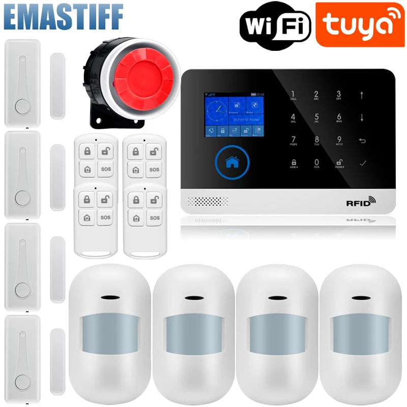 Alarmanlage 2025: Wireless Tuya APP SIM GSM Home RFID Burglar Security - LCD Touch Keyboard WIFI GSM Alarm System Sensor Kit Russian Spanish Voice Collection