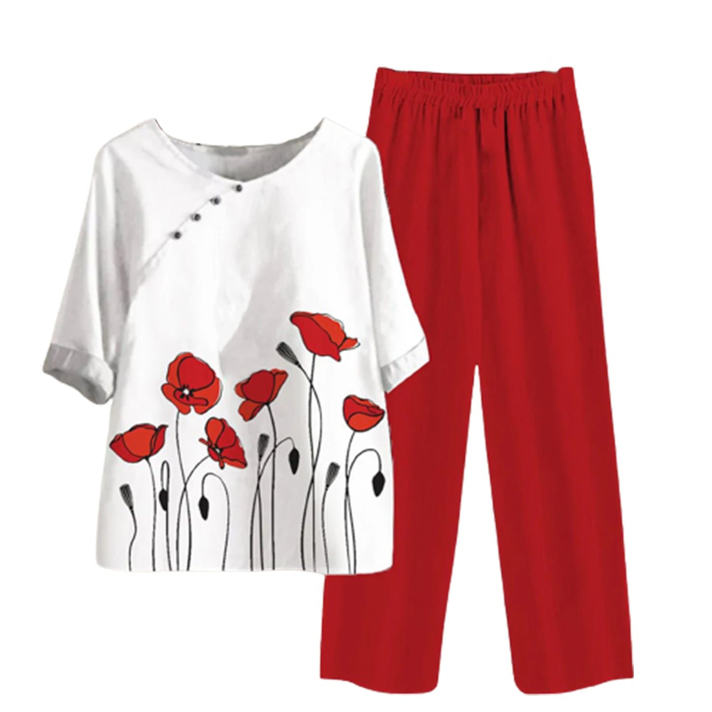 Elegant  Women Outfit Breathable Flower Pattern Blouse Trousers Half Sleeves Soft Blouse Pants Spring Clothes