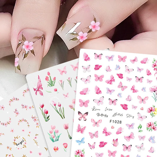 New Spring Fresh Flowers Butterfly 3D Nail Stickers Colorful Laser Butterflies Geometric Pattern Stickers Nail Decoration 1PCS