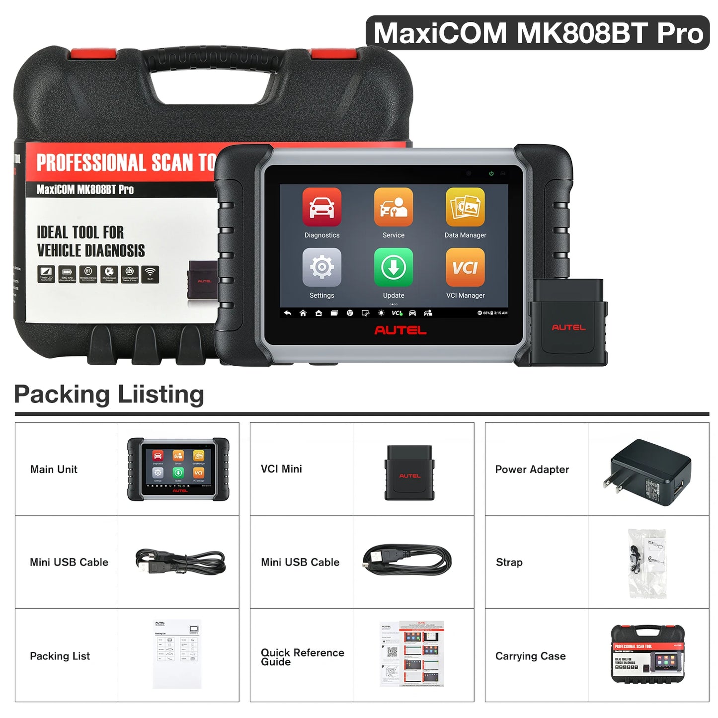 Autel MaxiCOM MK808BT Pro OBD2 Scanner Instrument de diagnosticare auto Cititor de coduri cu test activ, diagnosticare completă a sistemului, peste 28 de servicii