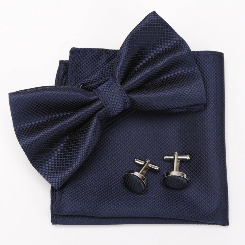 Men Bowtie Set 3pcs Plaids Classic Fashion Wedding Party Formal Cufflinks Bow Tie Handkerchief Cuff Links Lots Three Piece Set