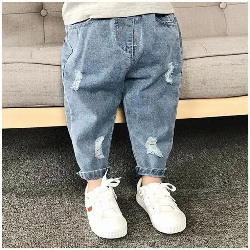 Children Jeans Spring Autumn Boys Girls Denim Ripped Jeans Korean Fashion Kids Trousers Toddler Casual Loose Pants