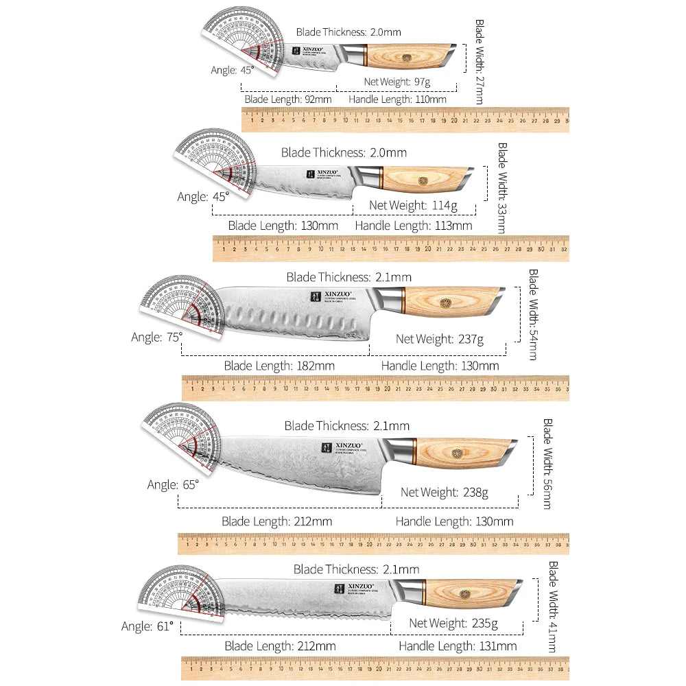 XINZUO 1-5pcs Knife Set Pakkawood Handle Nails 3-layer Clad Steel 60±2 HRC 15°±1 Per Side Kitchen Accessory Tools Best Gift