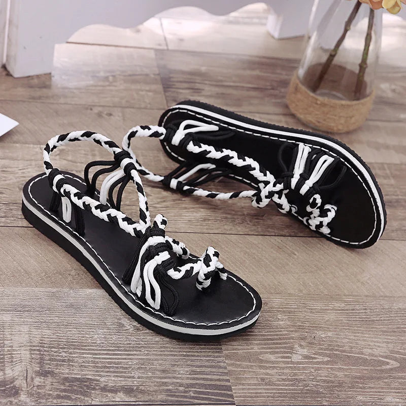 Women Sandals Summer Closed Toe Flat Romen Sandals Women Mixed Colors Rope Knot Sandals Women Casual Beach Sandals Plus Size